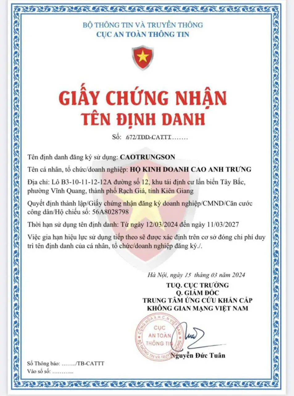 chứng nhận định danh